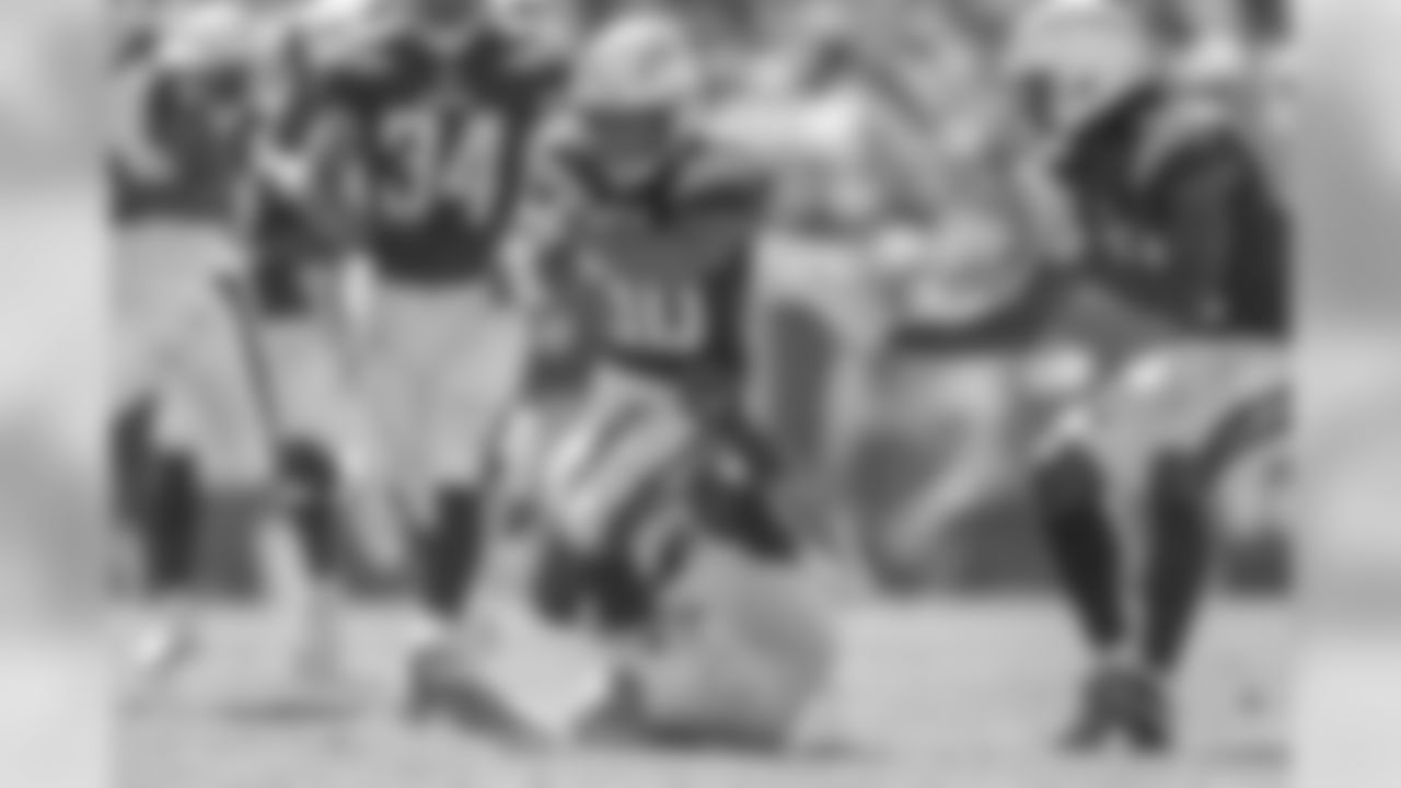 Austin Ekeler keeps the ball in his grasp while running downfield during the Bolts' matchup against the LA Rams at the LA Memorial Coliseum.