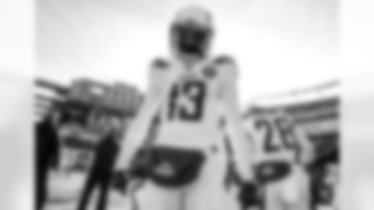Keenan Allen on the field before the Divisional Round matchup against the New England Patriots at Gillette Stadium.