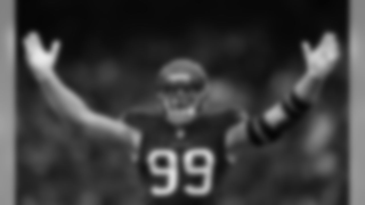 Houston Texans defensive end J.J. Watt (99) celebrates during an NFL wild card playoff football game against the Kansas City Chiefs on Saturday, Jan. 9, 2016, in Houston. Kansas City won 30-0. (Aaron M. Sprecher via AP)