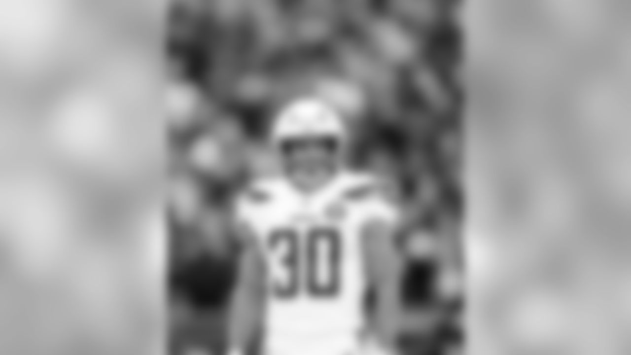 Austin Ekeler on the field during the Divisional Round matchup against the New England Patriots at Gillette Stadium.