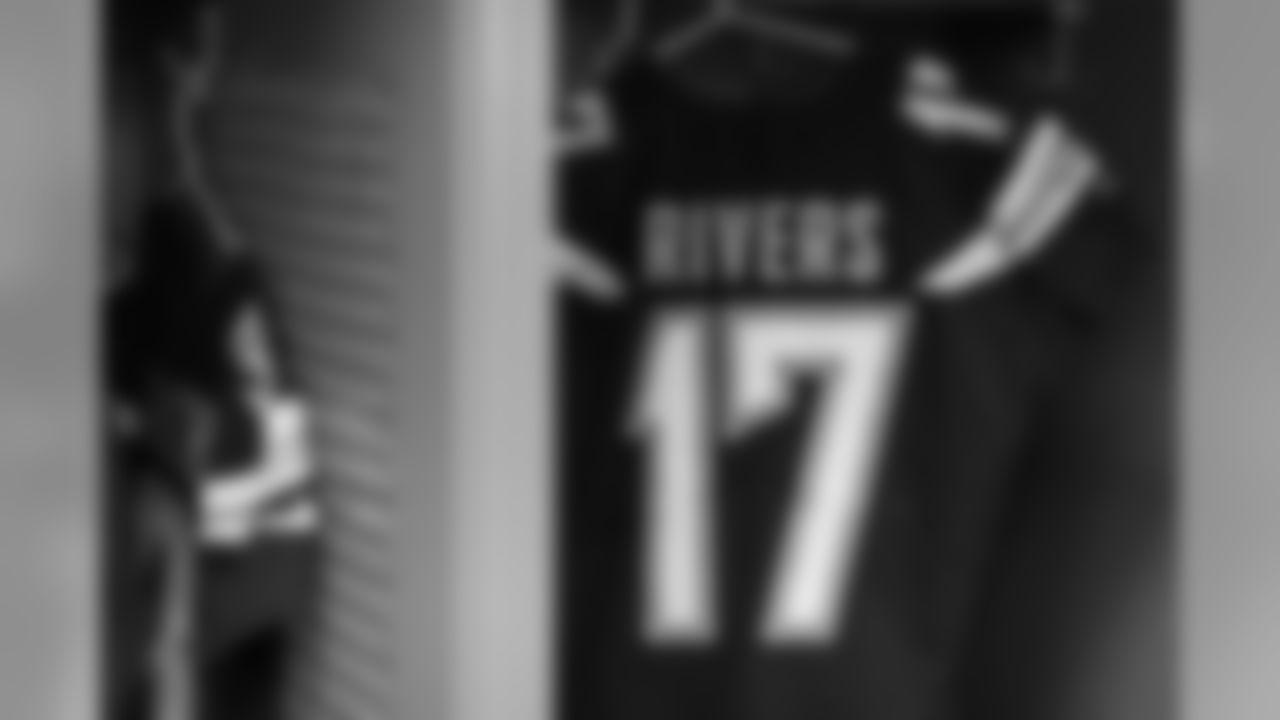 Philip Rivers' jersey hangs in the locker room before the Bolts take on the Browns at FirstEnergy Stadium.