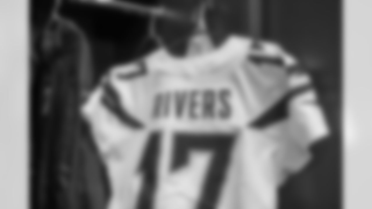 Philip Rivers' jersey hangs in the locker room at CenturyLink Field before the 200th start of his career.