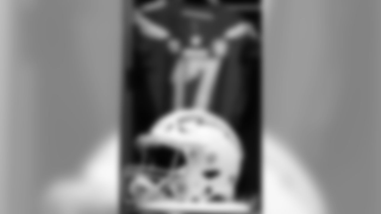 Philip Rivers' jersey and helmet hang in the locker room before the Week 12 matchup against the Arizona Cardinals.