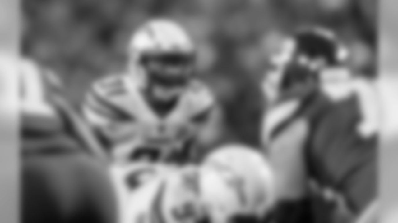 Adrian Phillips is seen at the line of scrimmage vs. the Kansas City Chiefs at Arrowhead Stadium on Thursday, Dec. 13, 2018.