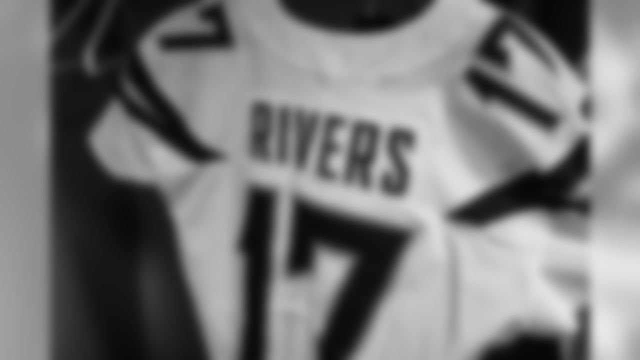 Philip Rivers' jersey hangs in the locker room at Broncos Stadium at Mile High before the Week 17 contest against the Denver Broncos.