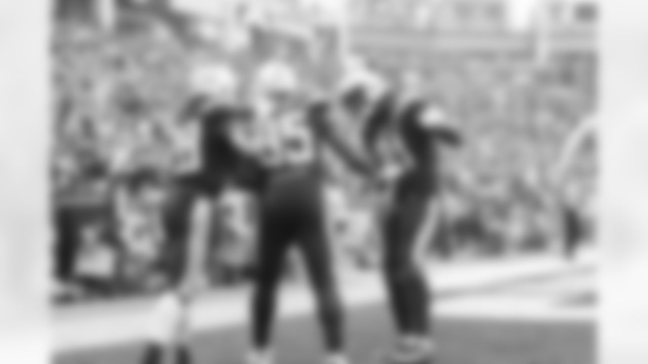Antonio Gates celebrates with Melvin Gordon and Mike Williams after a touchdown during Week 11's Salute to Service game versus the Denver Broncos on Sunday, November 18, 2018 at StubHub Center.
