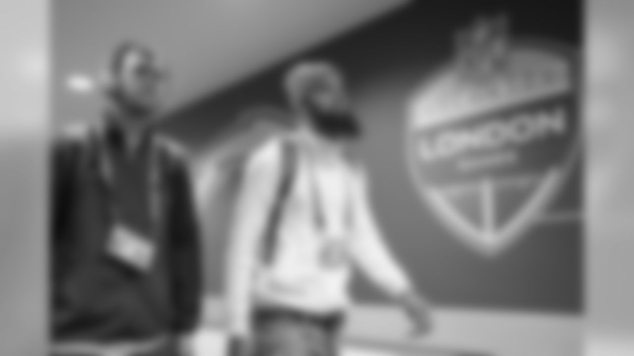 Keenan Allen arrives at Wembley Stadium in London before the Week 7 matchup against the Tennessee Titans.