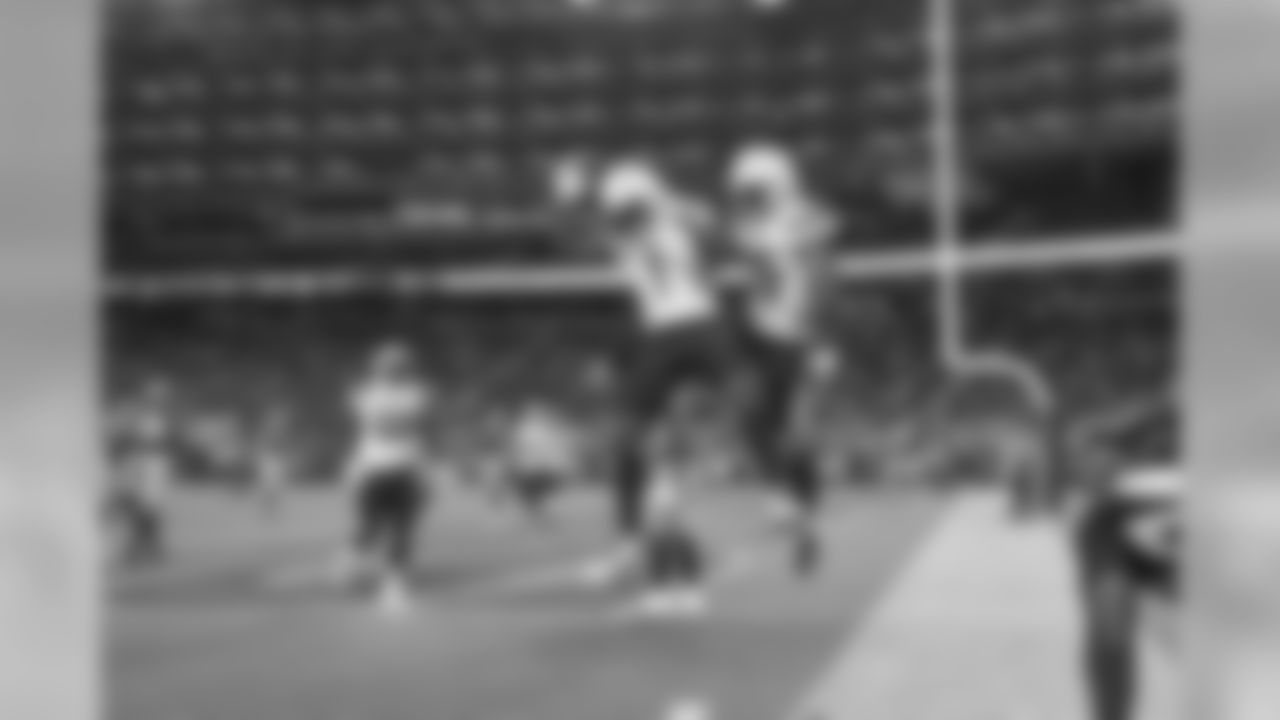 Justice Liggins and Andre Patton celebrate Patton's touchdown against the San Francisco 49ers during the last preseason game.