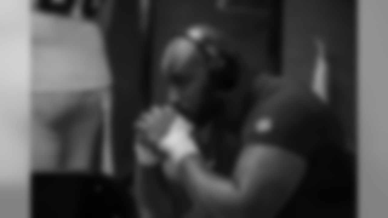 Corey Liuget in the locker room at Oakland-Alameda County Coliseum before the Week 10 matchup against the Oakland Raiders.