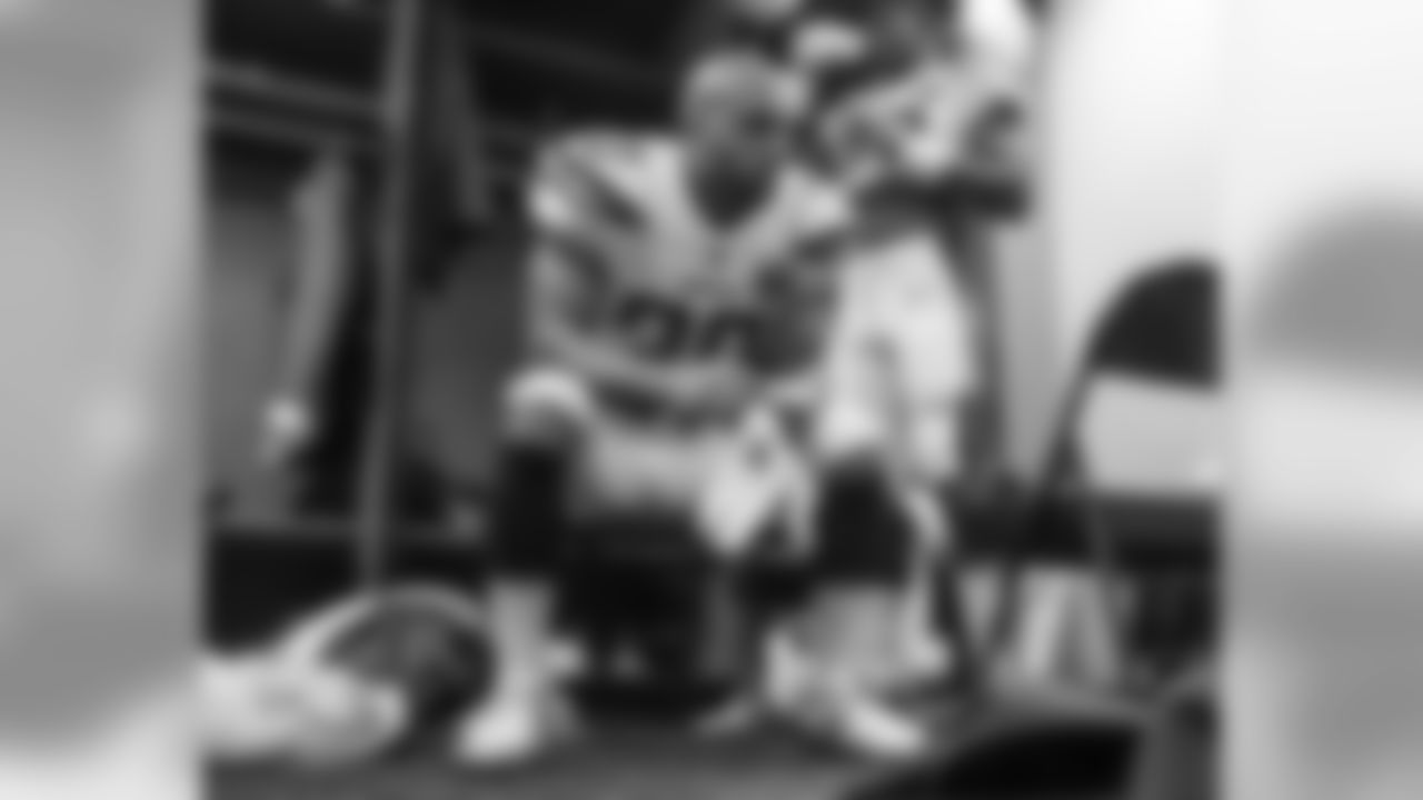 Austin Ekeler in the locker room at Oakland-Alameda County Coliseum before the Week 10 matchup against the Oakland Raiders.