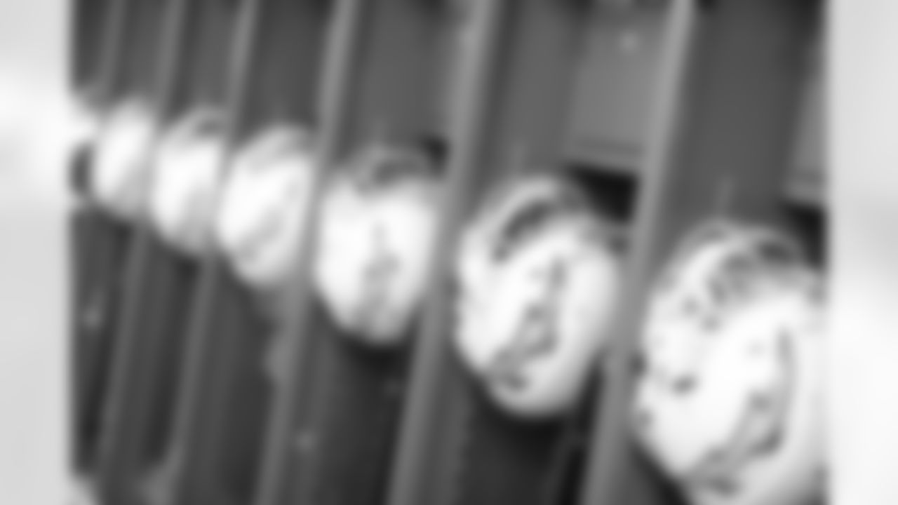 Helmets hang in the locker room at ROKiT Field at StubHub Center before the Week 12 matchup against the Arizona Cardinals.