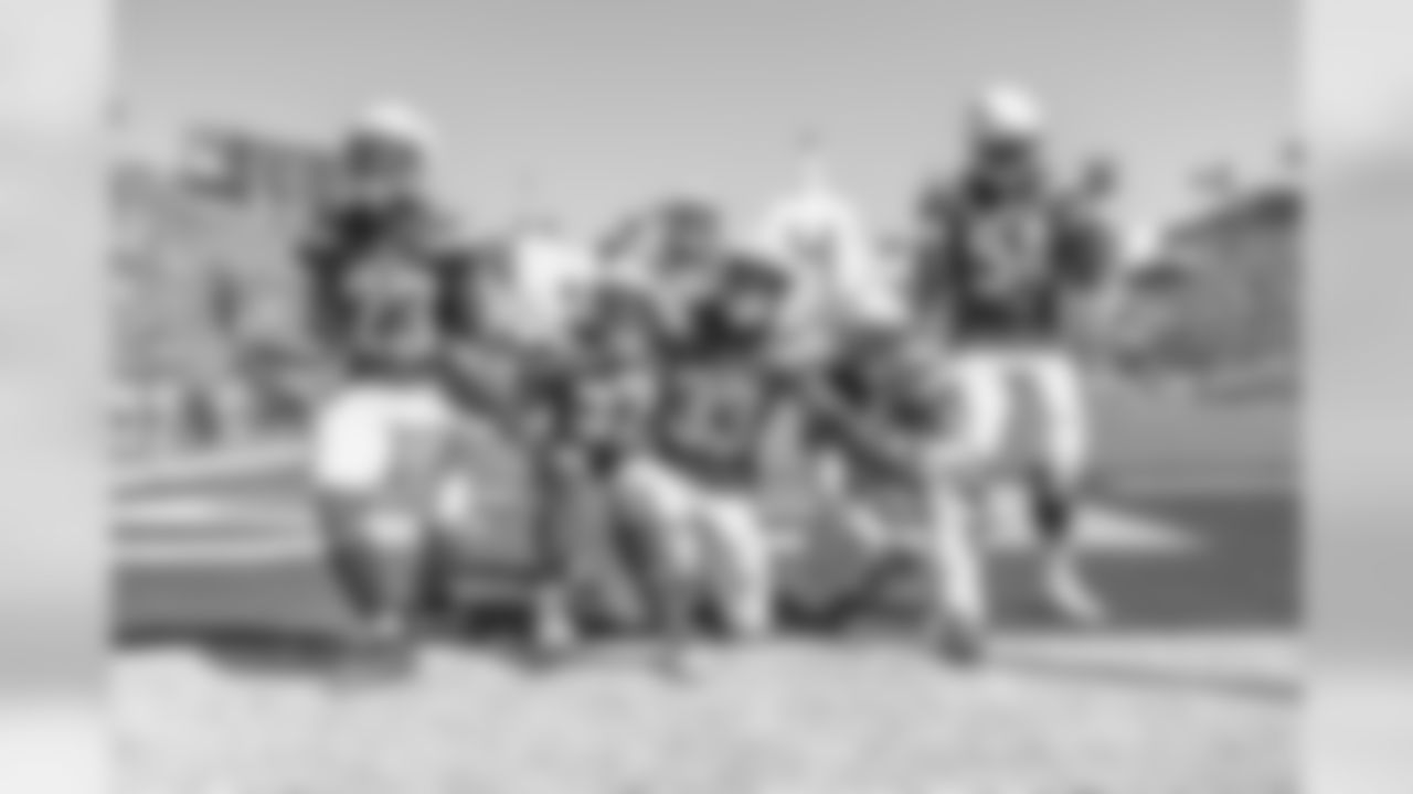 The Bolts pose after Derwin James' interception during the Bolts' matchup against the LA Rams at the LA Memorial Coliseum.