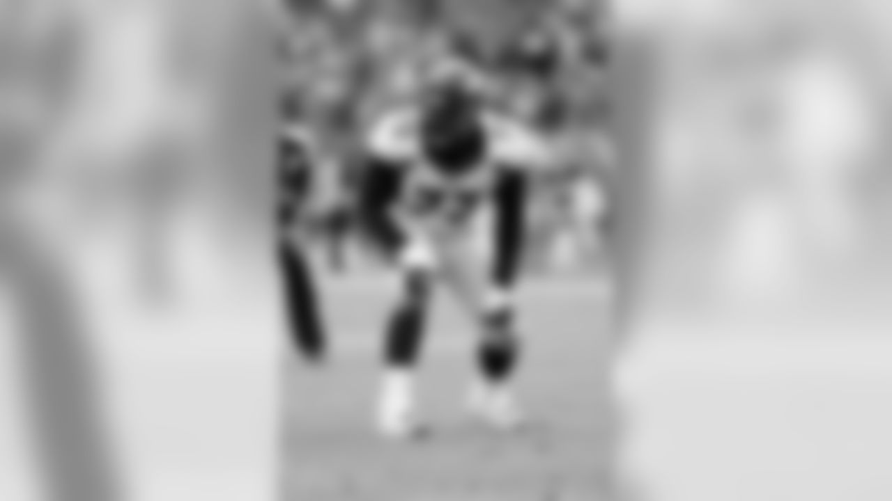 Denver Broncos offensive tackle Russell Okung (73) gets set in a two point stance during the 2016 NFL week 14 regular season football game against the Tennessee Titans on Sunday, Dec. 11, 2016 in Nashville, Tenn. The Titans won the game 13-10. (Paul Spinelli via AP)