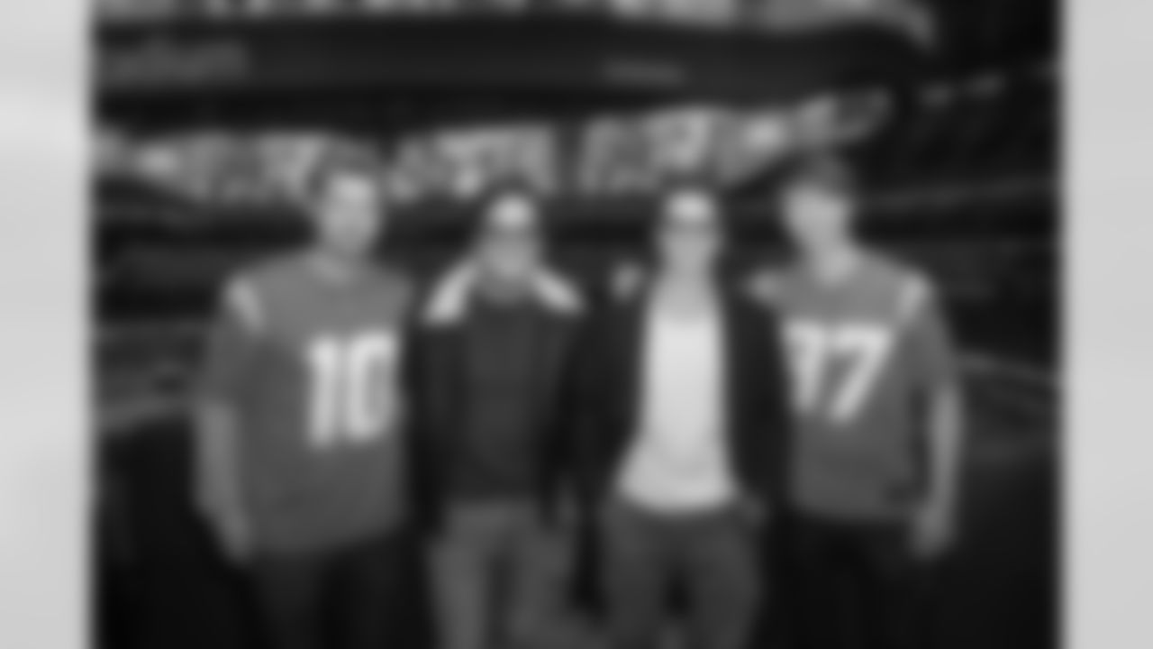 Chord Overstreet, Diego Boneta, Spencer Neville, and Calum Worthy attend an NFL game between the Los Angeles Chargers and Miami Dolphins on Sunday, Dec. 11, 2022 in Inglewood, CA. (Ryan Hadji via AP)