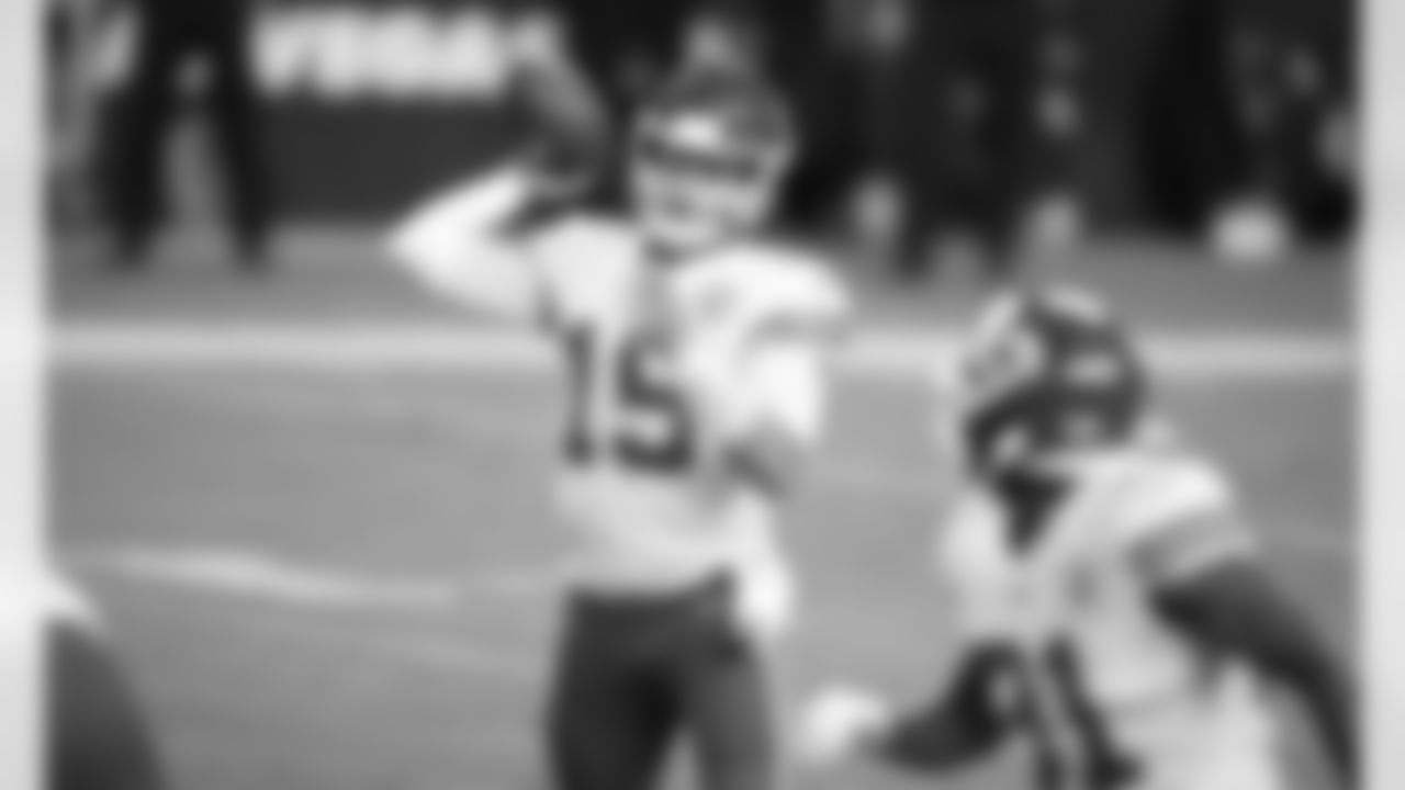 Kansas City Chiefs quarterback Patrick Mahomes (15) during an NFL football game against the Las Vegas Raiders at Allegiant Stadium on November 22, 2020