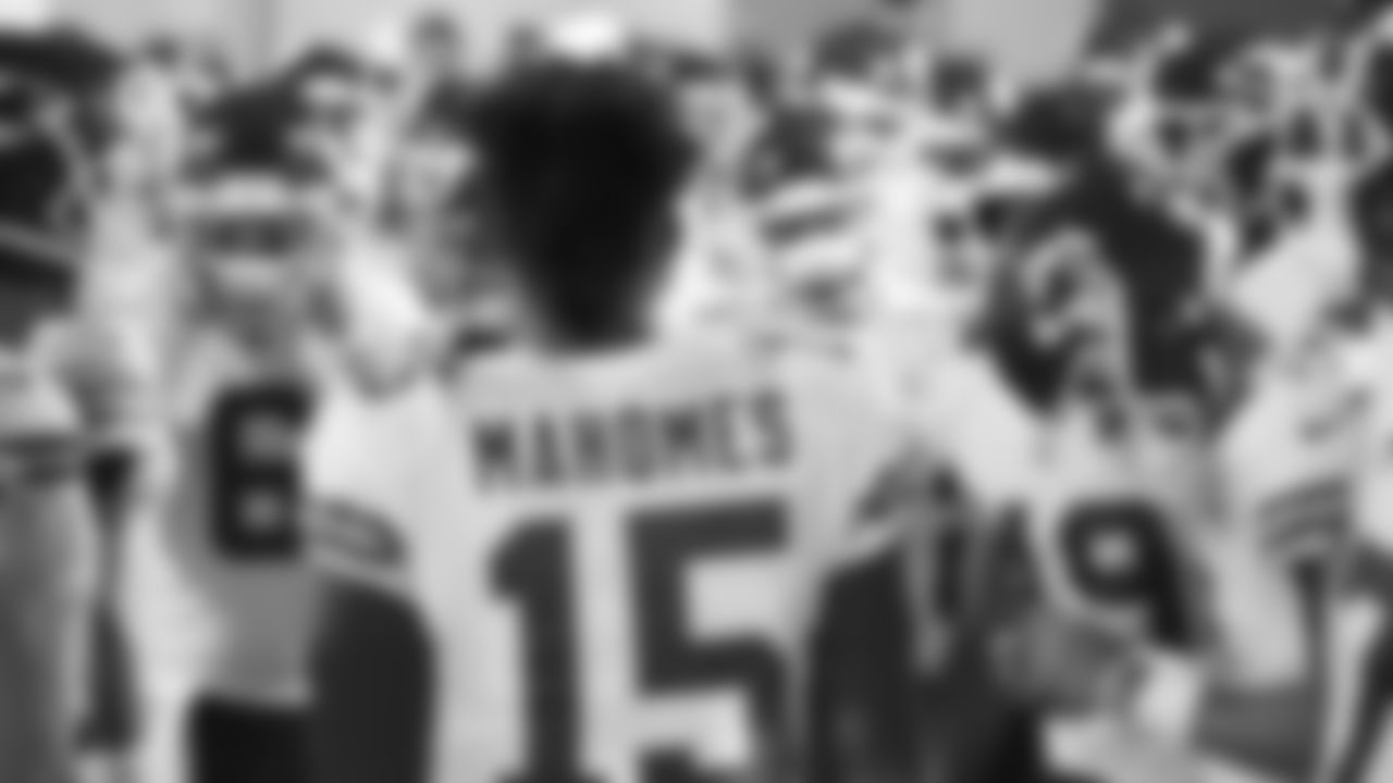 Kansas City Chiefs quarterback Patrick Mahomes (15) in the huddle prior to a NFL preseason football game against the Arizona Cardinals, Friday, August 20, 2021 in Glendale.