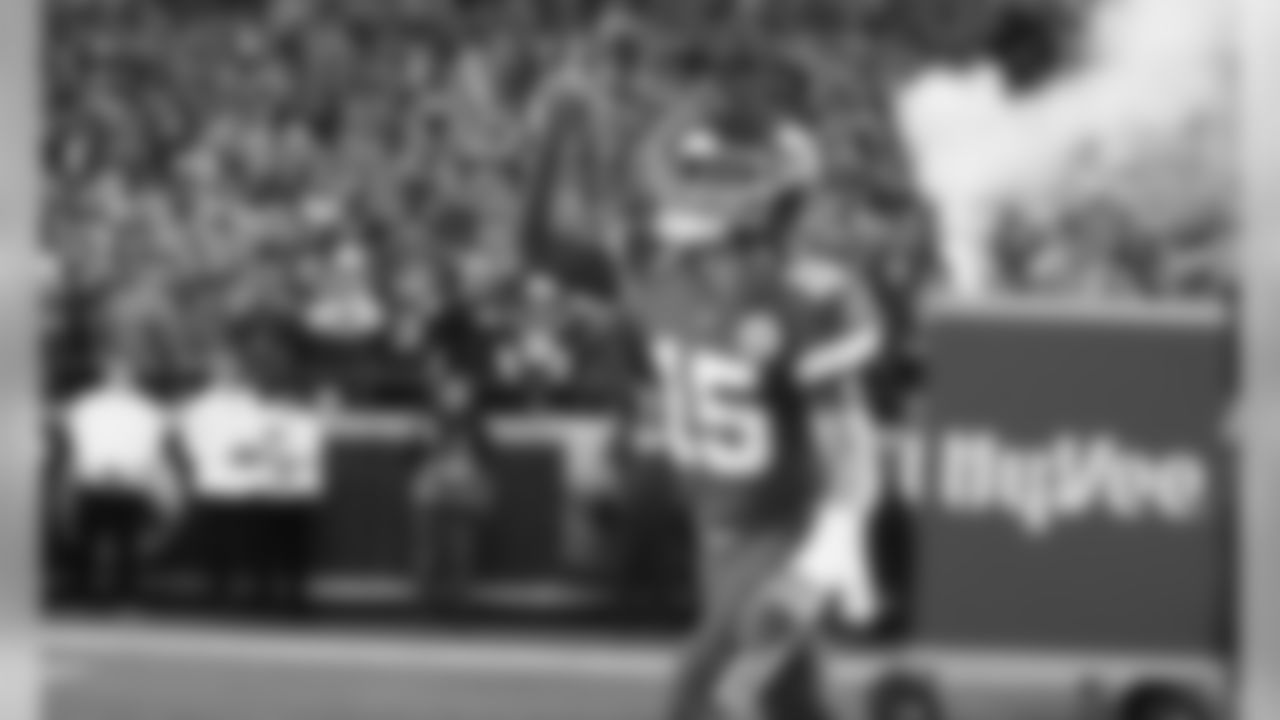 Kansas City Chiefs Quarterback Patrick Mahomes (15) prior to the Sunday Night Football game between the Kansas City Chiefs and the Indianapolis Colts at Arrowhead Stadium on October 6, 2019.