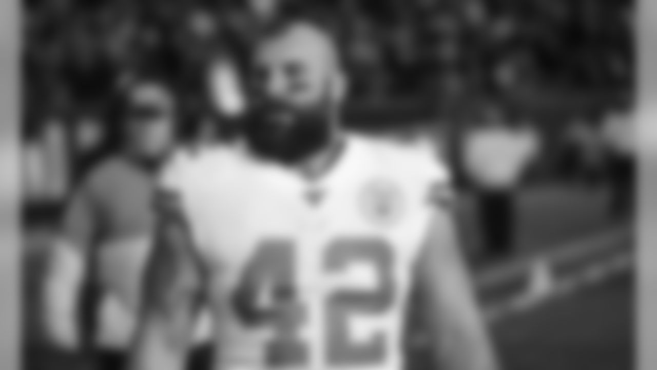 Kansas City Chiefs Fullback Anthony Sherman (42) prior to the game between the Kansas City Chiefs and the New England Patriots on December 8, 2019.