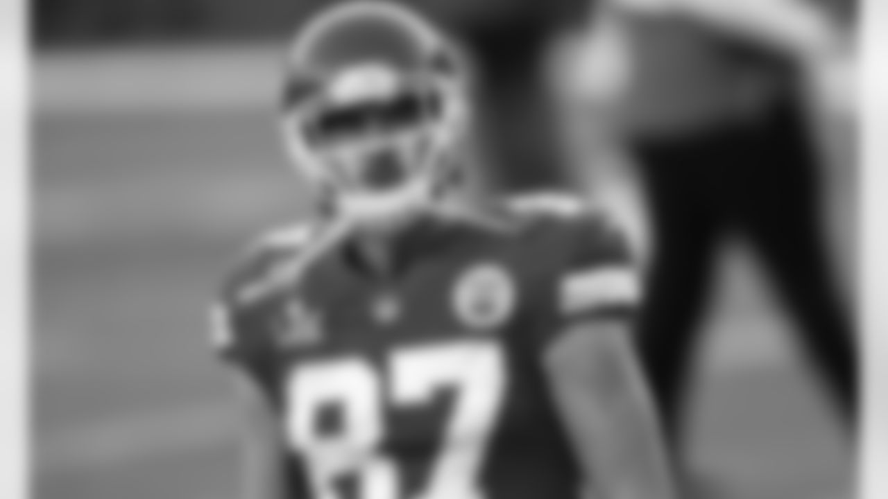 Kansas City Chiefs Tight End Travis Kelce (87) gets serious as he prepares for Super Bowl LV against the Tampa Bay Buccaneers, Sunday, Feb. 7th 2021 at Raymond James Stadium in Tampa, FL.