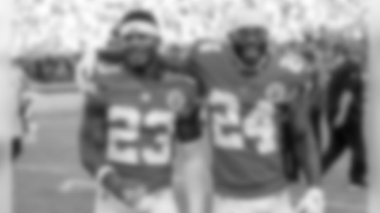 Kansas City Chiefs Safety Armani Watts (23) and Safety Jordan Lucas (24) after the football game between the Kansas City Chiefs and the Minnesota Vikings at Arrowhead Stadium on November 3, 2019.