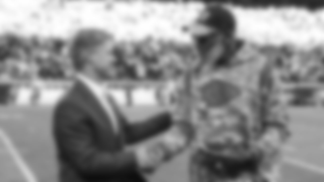 Bobby Bell recognized as the NFL Salute To Service Honoree with Kansas City Chiefs Chairman, CEO, and Owner Clark Hunt prior to an NFL football game against the Dallas Cowboys, Sunday, November 21, 2021 in Kansas City.