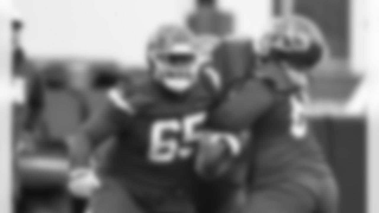 Offensive linemen working during day two practice at Chiefs rookie mini camp.