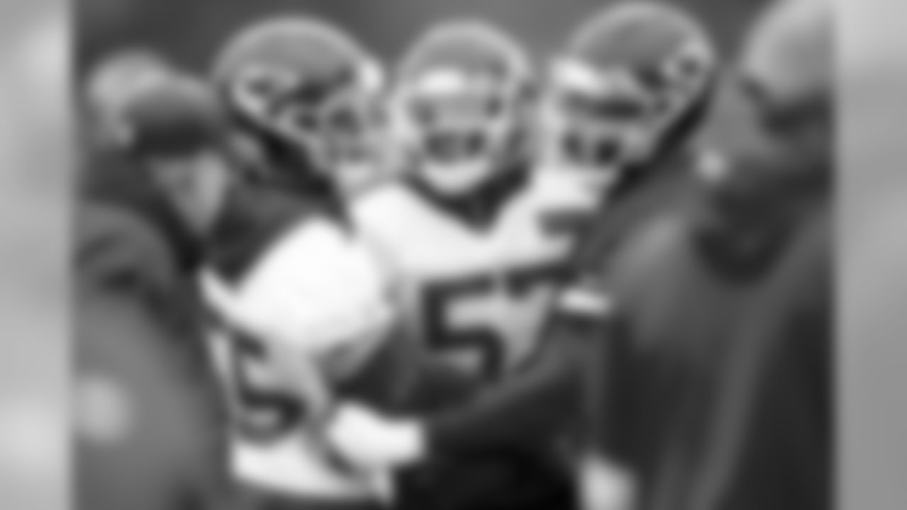 Kansas City Chiefs linebacker Dee Ford (55), Kansas City Chiefs linebacker Breeland Speaks (57) and Kansas City Chiefs center Jeff Allen (73) during practice on 10/25/18