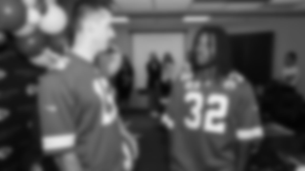 Austin Hill and Kansas City Chiefs linebacker Nick Bolton (32) at The University of Kansas Health System Infusion Center on Tuesday, October 3, 2023 in Kansas City, MO.