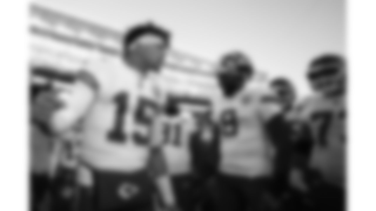 Kansas City Chiefs quarterback Patrick Mahomes (15) leads a team huddle prior to an NFL football game against the Cincinnati Bengals, Sunday, December 4, 2022 in Cincinnati.