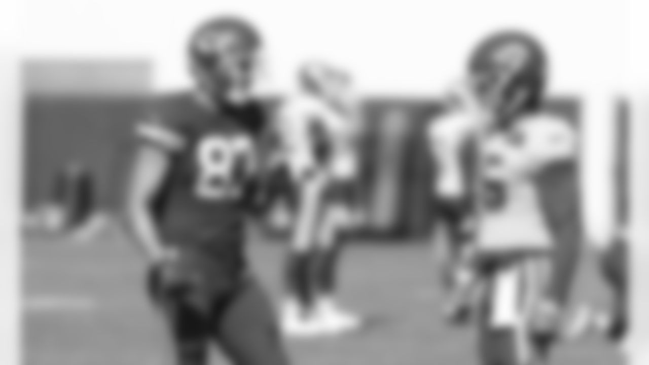 Kansas City Chiefs tight end Travis Kelce (87) and Kansas City Chiefs quarterback Patrick Mahomes (15) during practice at The University Of Kansas Training Facility on August 24, 2020.