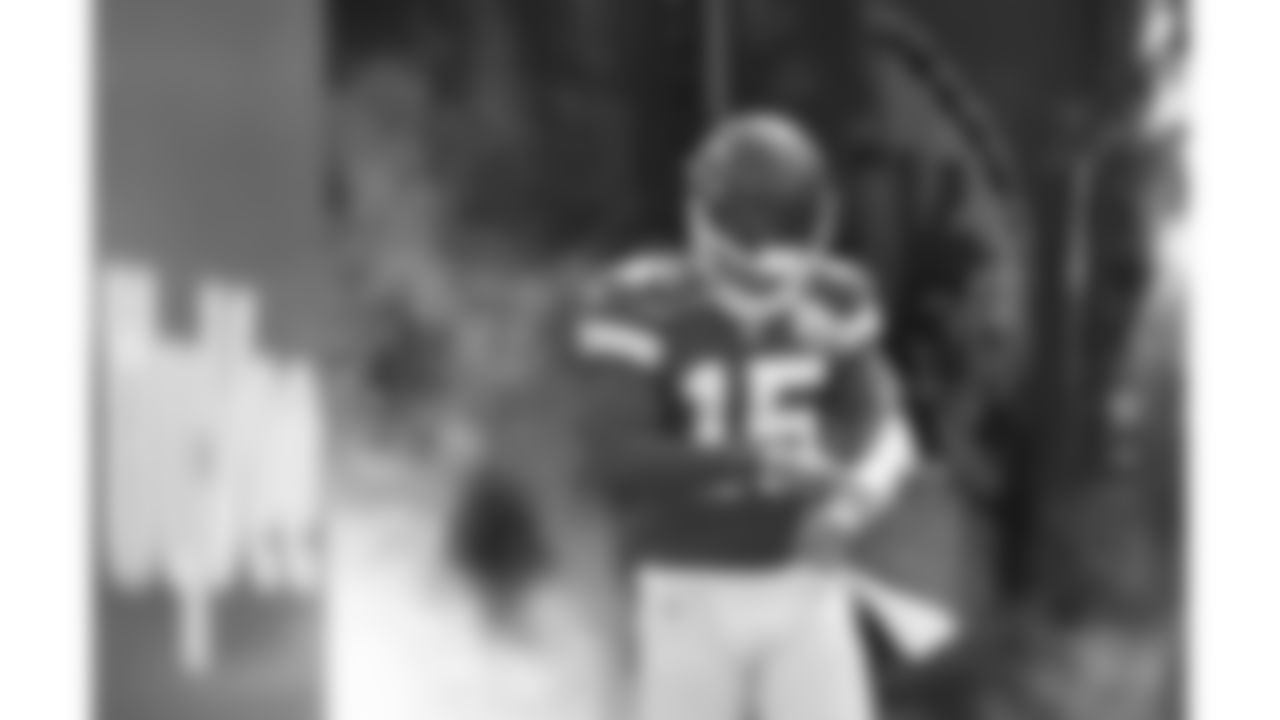 Kansas City Chiefs quarterback Patrick Mahomes (15) in run outs prior to an NFL football game against the Cleveland Browns, Sunday, September 12, 2021 in Kansas City.