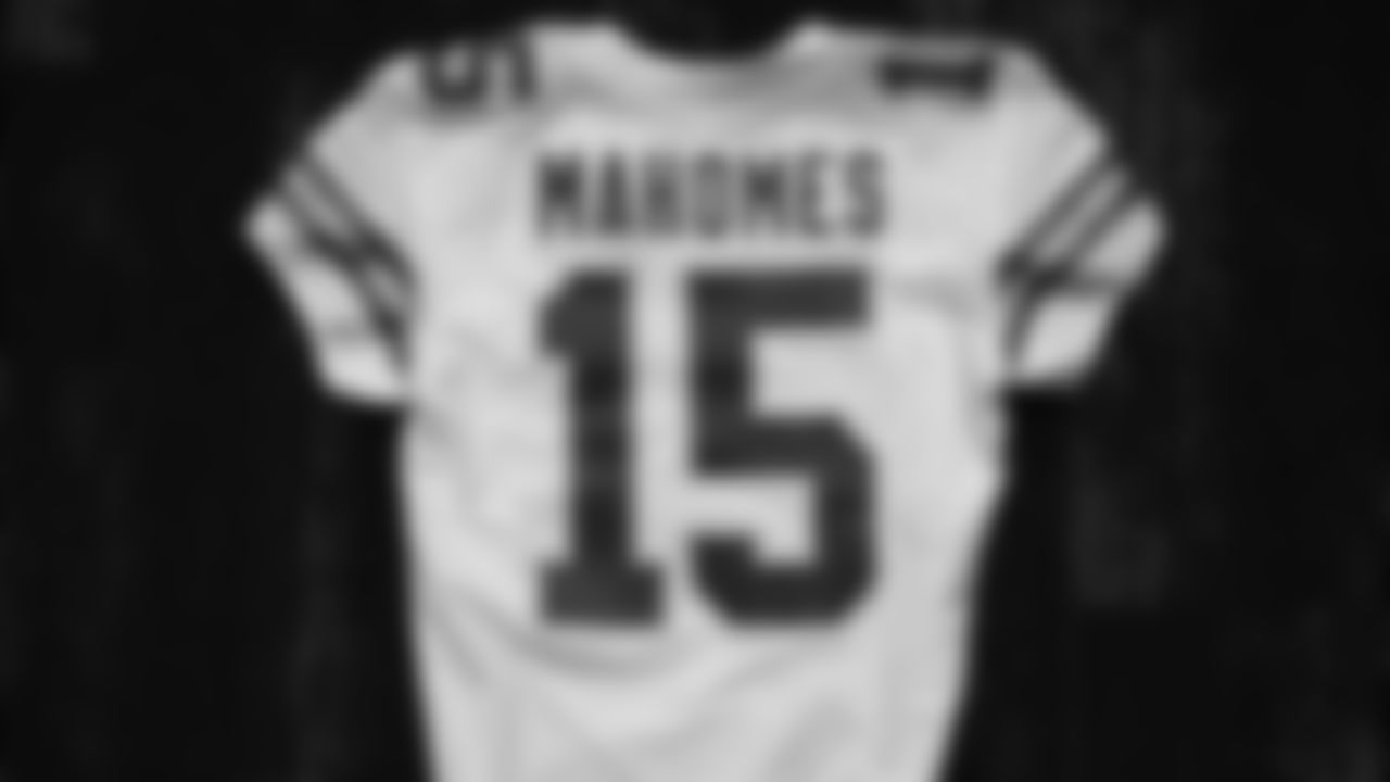 Kansas City Chiefs quarterback Patrick Mahomes's jersey prior to an NFL football game against the Las Vegas Raiders at Allegiant Stadium in Las Vegas on November 14, 2021.