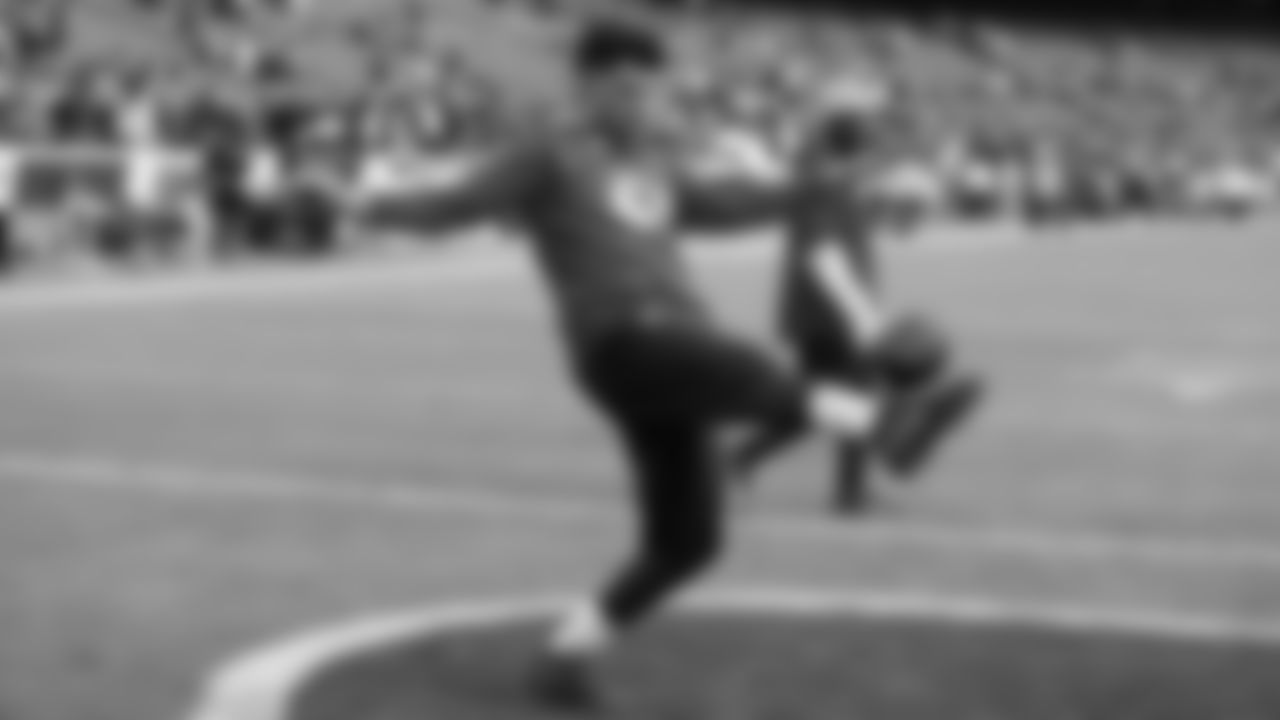 Kansas City Chiefs quarterback Patrick Mahomes (15) kicks the football around prior to the divisional playoff football game against the Buffalo Bills, Sunday, January 23, 2022 in Kansas City.