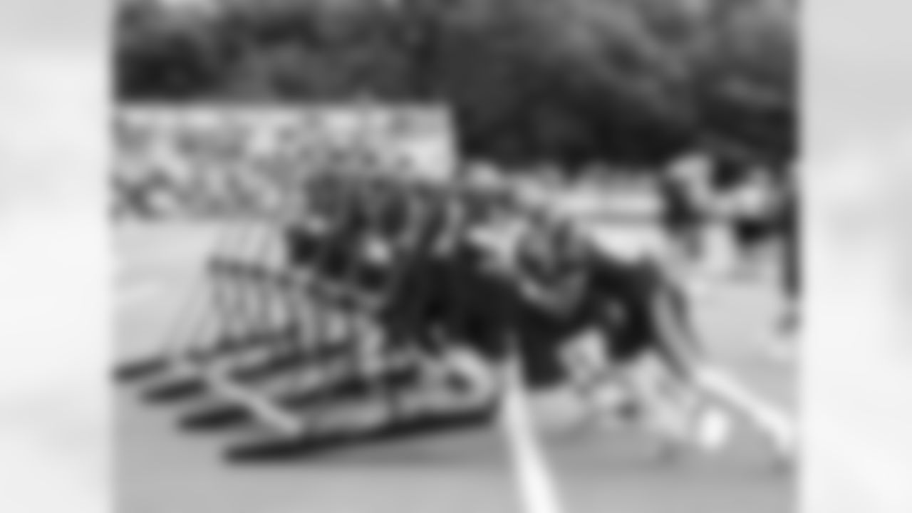 Offensive Line pushing the sled during practice 7/29/18 at Chiefs Training Camp at Missouri Western State University in St Joseph, Missouri