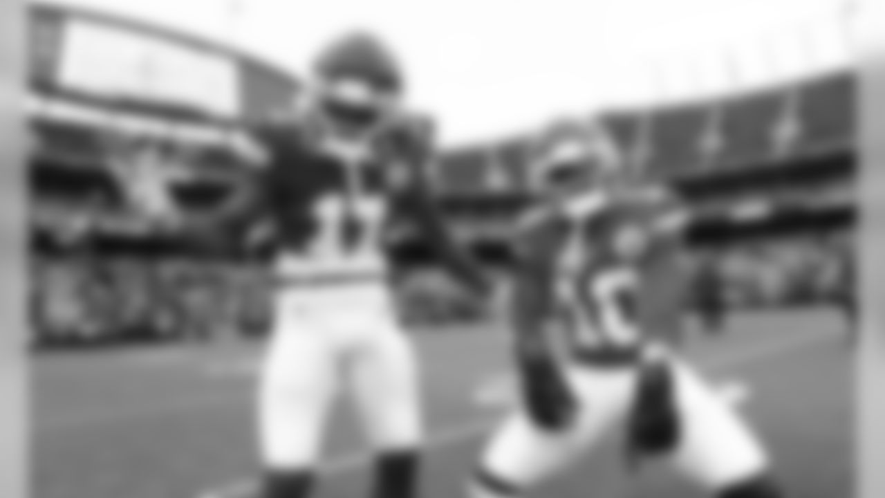 Kansas City Chiefs Wide Receiver Demarcus Robinson (11) and Wide Receiver Tyreek Hill (10) prior to the game between the Kansas City Chiefs and Oakland Raiders at Arrowhead Stadium on December 1, 2019.