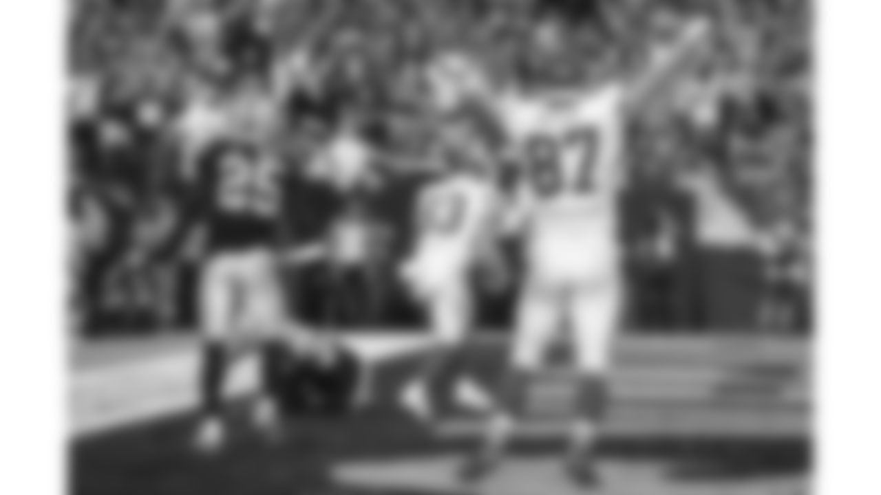Kansas City Chiefs tight end Travis Kelce (87) celebrates the first NFL touchdown for tight end Noah Gray (83) during an NFL football game against the Las Vegas Raiders, Sunday, November 14, 2021 in Las Vegas.