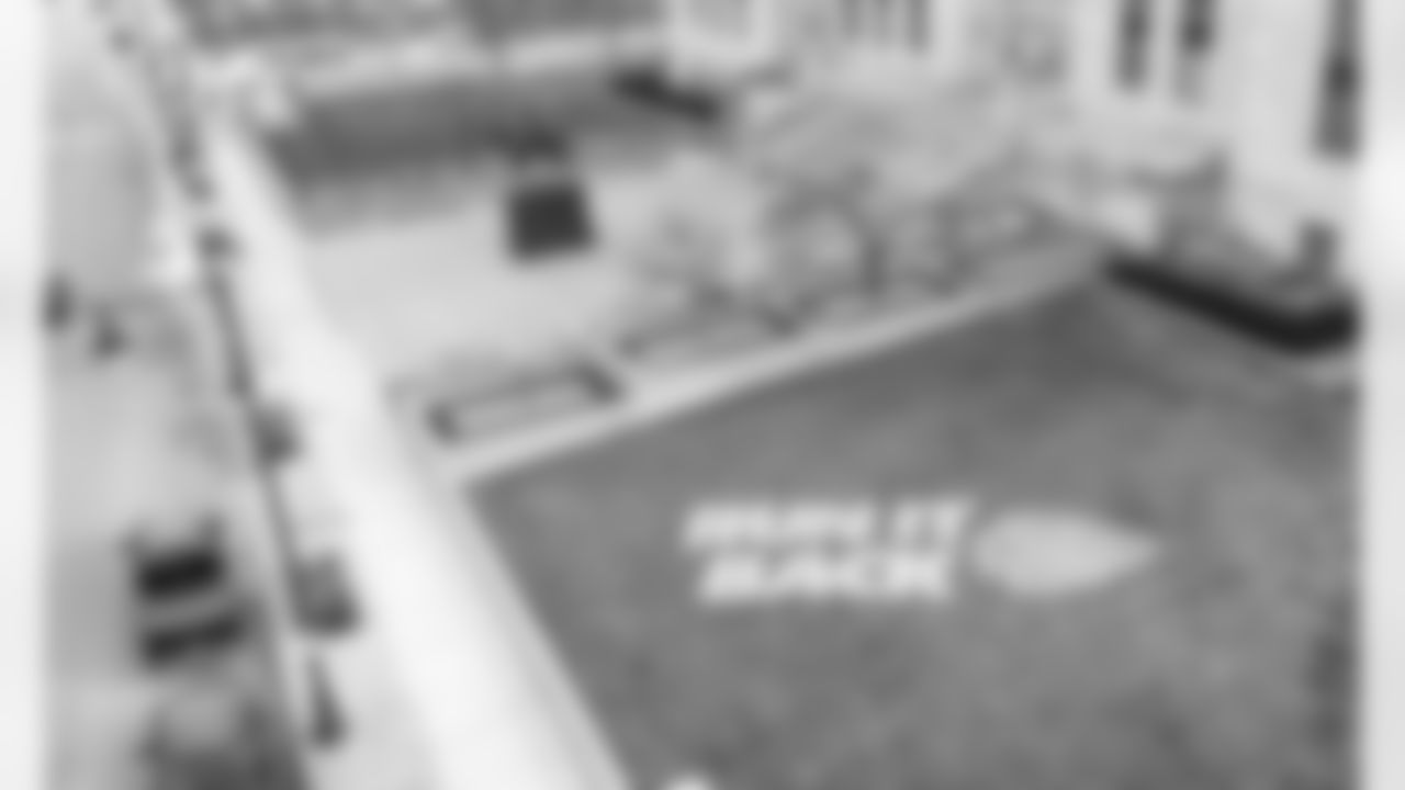 An aerial view of the Run It Back painting on the Jackson County Courthouse lawn in Kansas City, MO