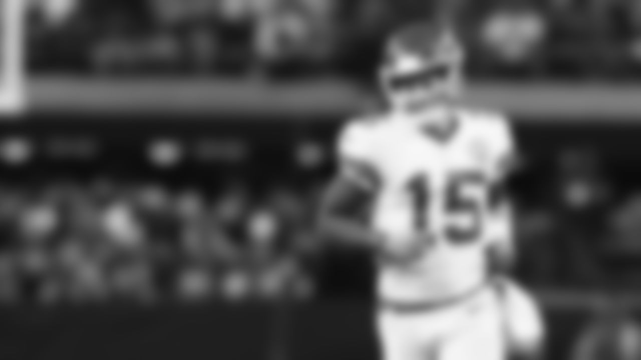 Kansas City Chiefs quarterback Patrick Mahomes (15) during an NFL football game against the Las Vegas Raiders at Allegiant Stadium in Las Vegas on November 14, 2021.