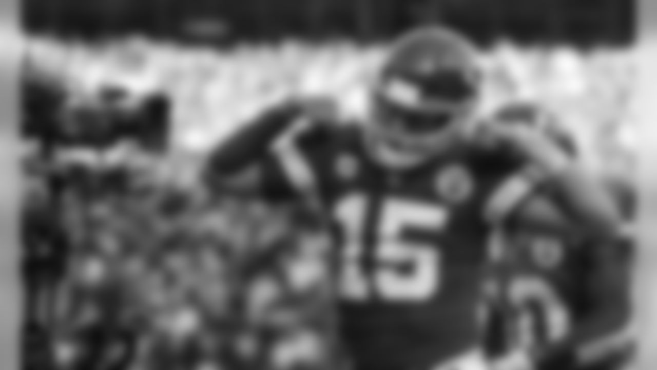 Kansas City Chiefs Quarterback Patrick Mahomes (15) during the AFC Championship football game between the Kansas City Chiefs and the Tennessee Titans at Arrowhead Stadium on January 19, 2020.