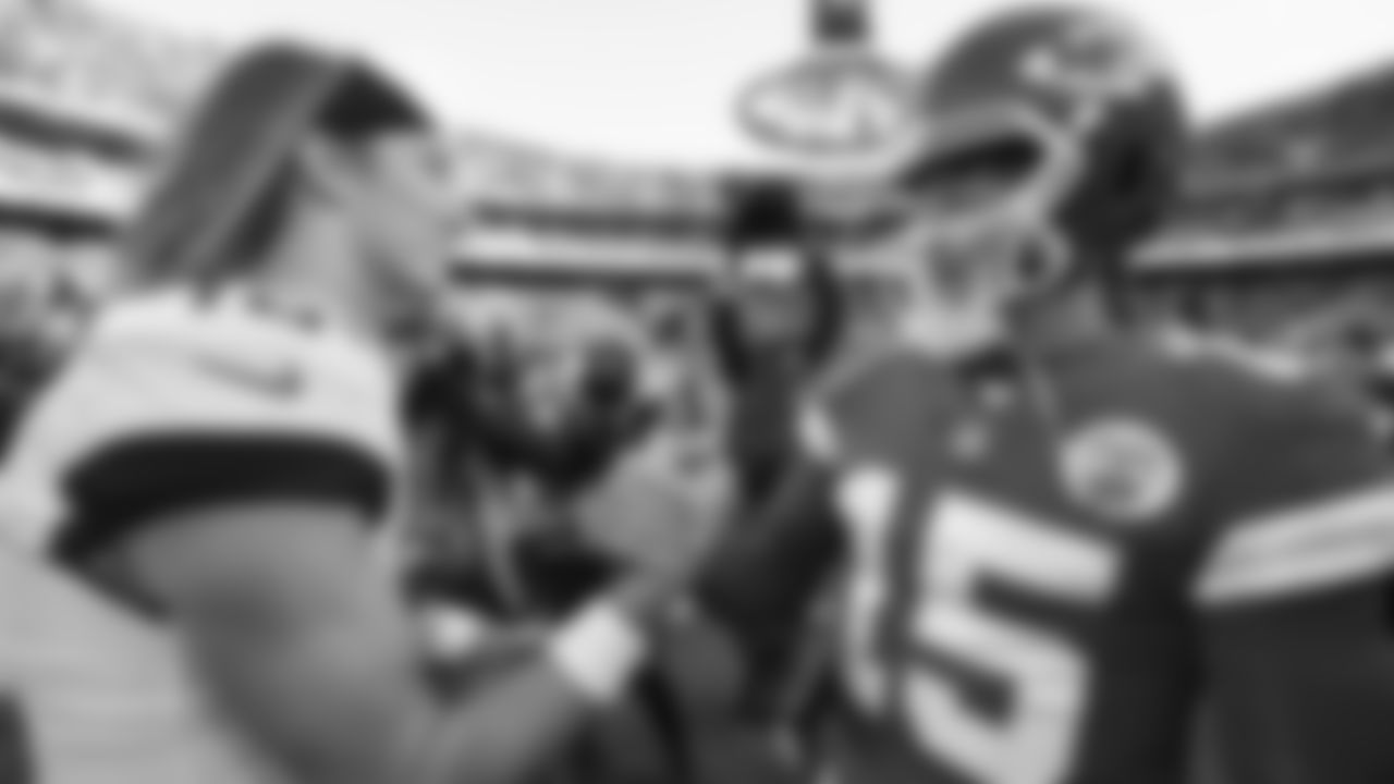 Kansas City Chiefs quarterback Patrick Mahomes (15) and Jaguars quarterback Trevor Lawrence (16) after an NFL Football game against the Jacksonville Jaguars, Sunday, November 13, 2022 in Kansas City.