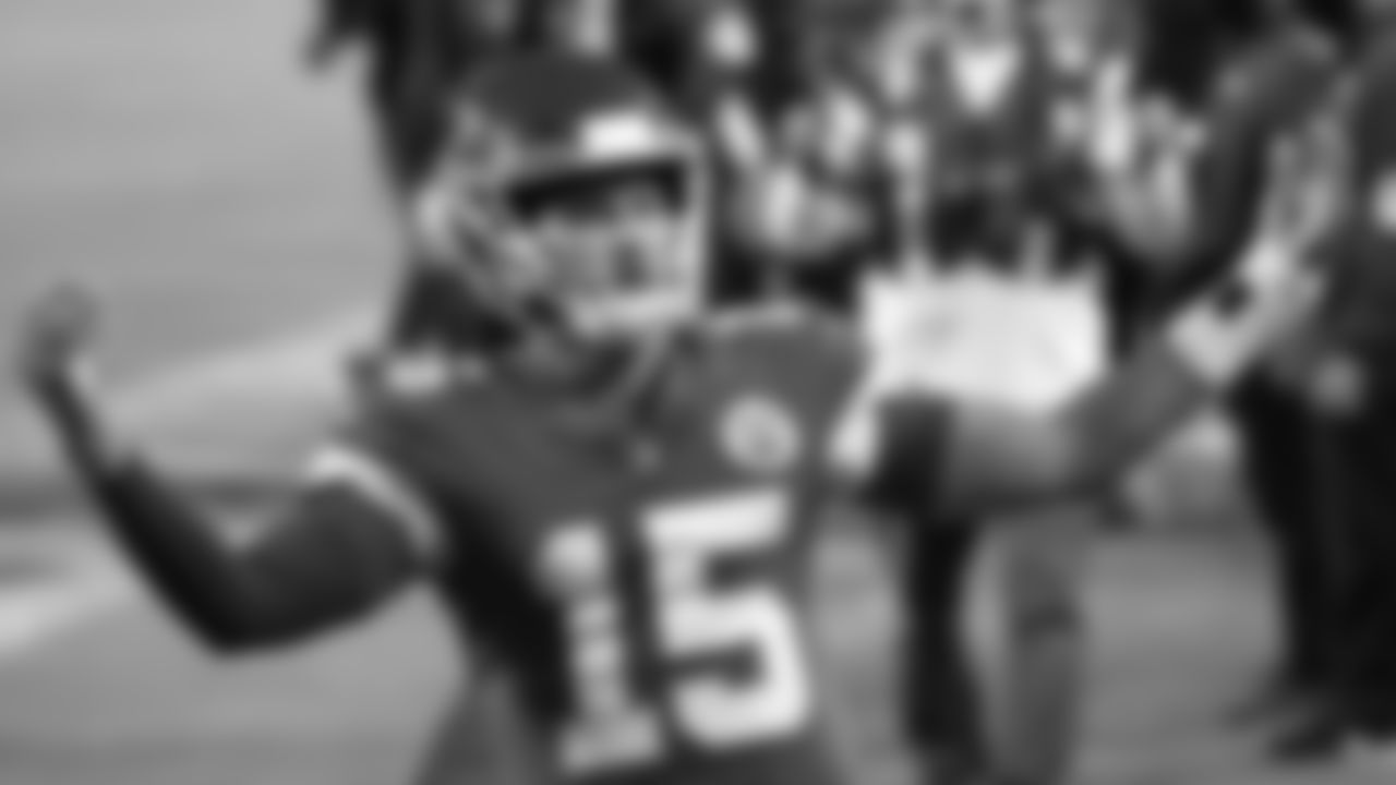 Kansas City Chiefs Quarterback Patrick Mahomes (15) celebrates after running for a first down during an NFL football game against the New England Patriots, Monday, Oct. 5, 2020 in Kansas City.