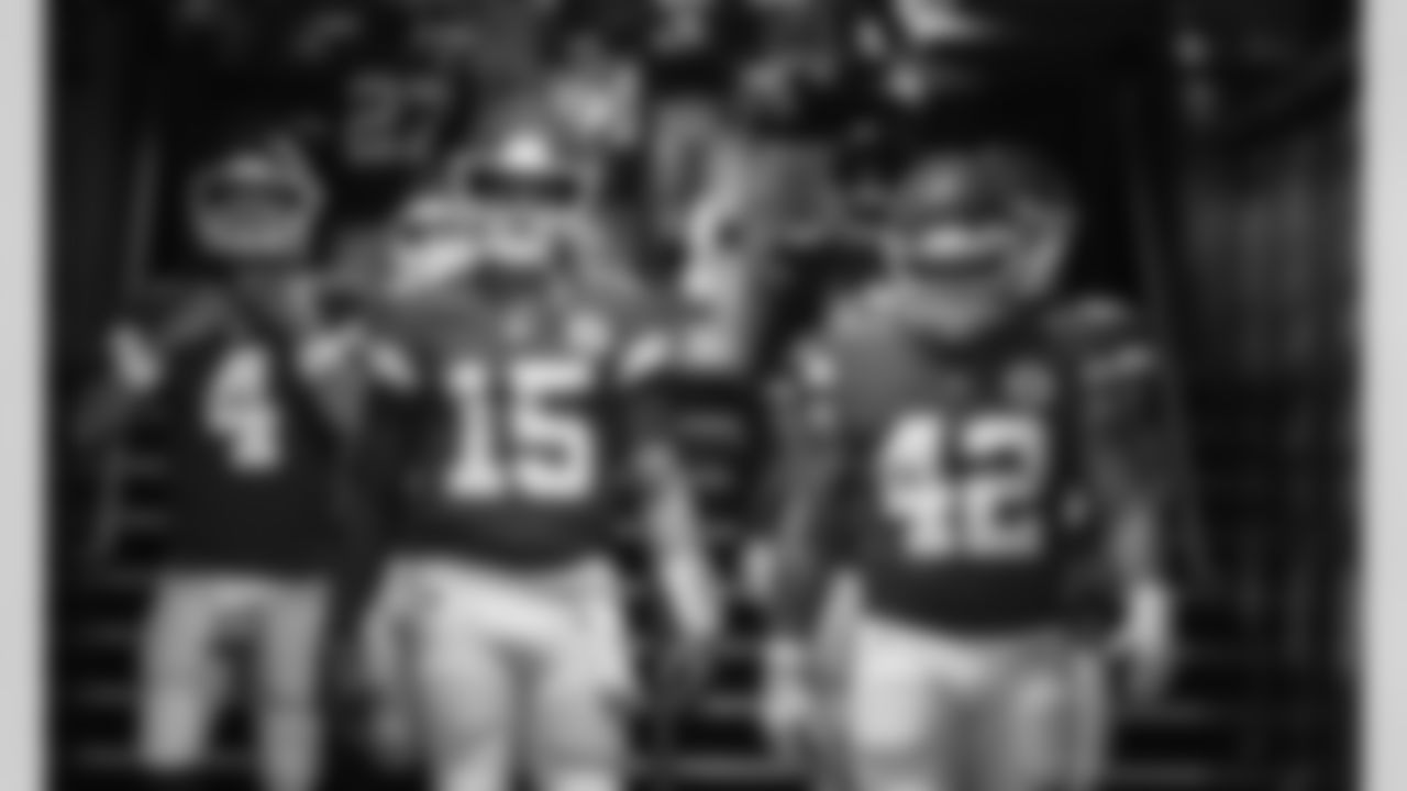 Kansas City Chiefs Quarterback Patrick Mahomes (15) and Kansas City Chiefs Fullback Anthony Sherman (42) walking in the tunnel prior to an NFL football game against the New England Patriots, Monday, Oct. 5, 2020 in Kansas City.(Steve Sanders/Kansas City Chiefs via AP)