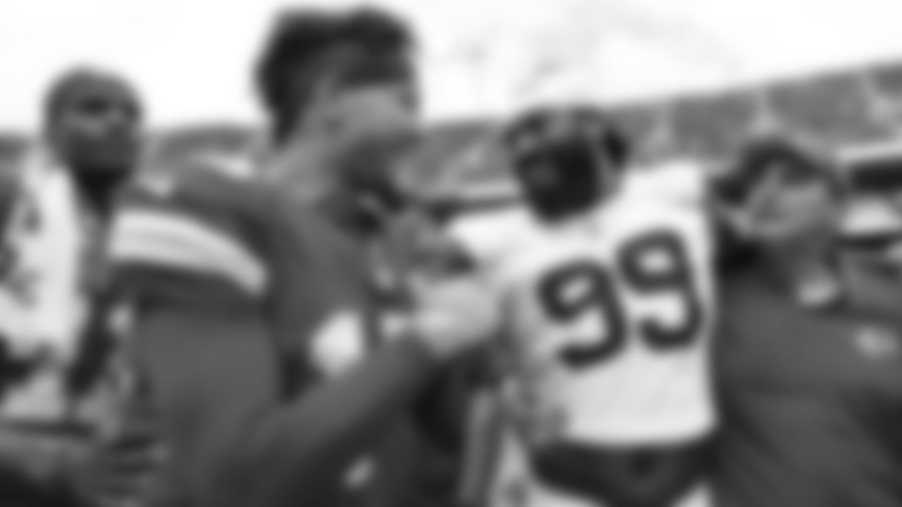 Kansas City Chiefs quarterback Patrick Mahomes (15) & Cleveland Browns Zadarius Smith following the Preseason Week 3 NFL football game on Saturday, August 26, 2023 in Kansas City, MO.
