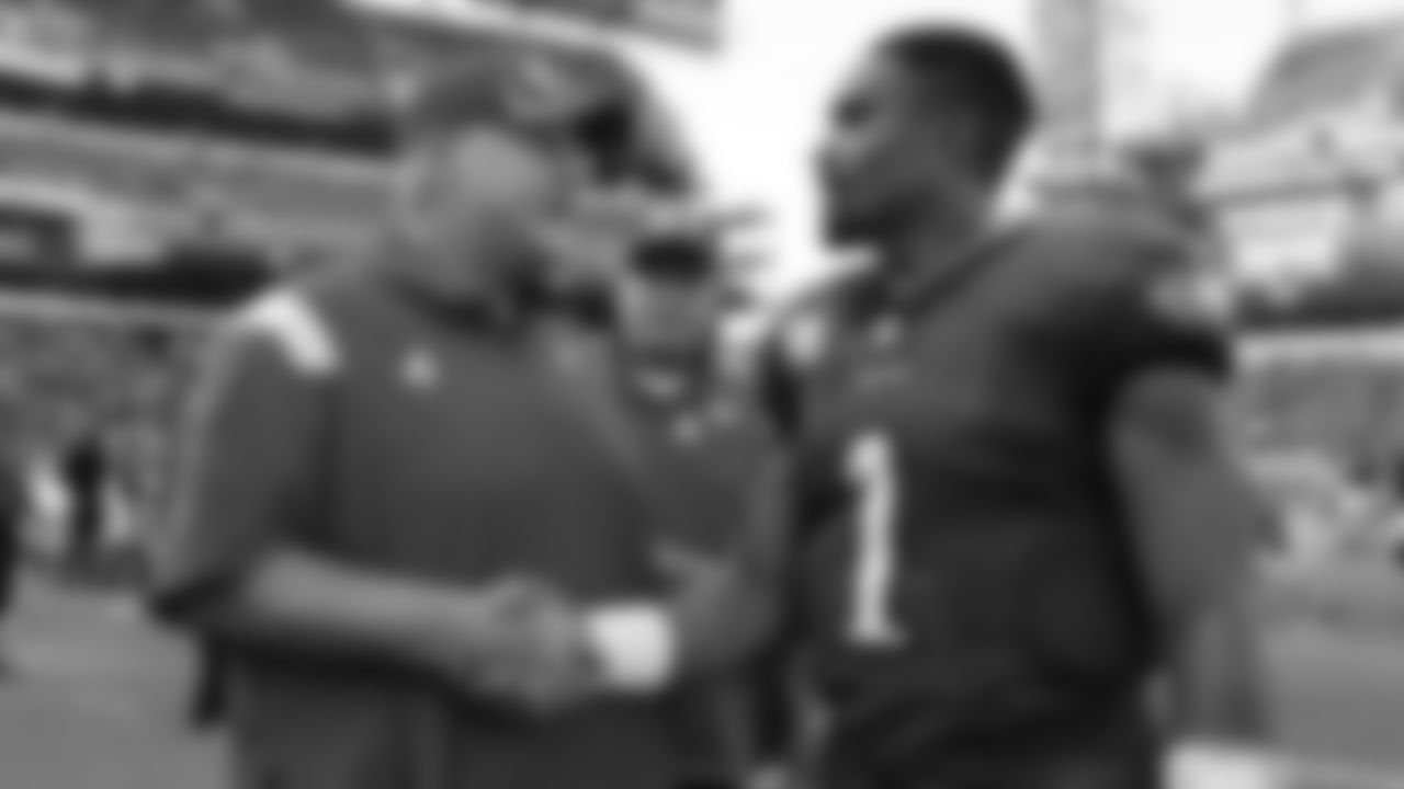 Kansas City Chiefs Head Coach Andy Reid and Philadelphia Eagles quarterback Jalen Hurts (1) shake hands after an NFL football game against the Philadelphia Eagles, Sunday, September 26, 2021 in Philadelphia.
