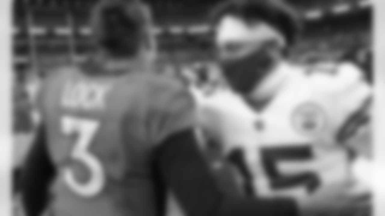 Kansas City Chiefs quarterback Patrick Mahomes (15) and quarterback Drew Lock (3) during an NFL football game against the Denver Broncos at Empower Field at Mile High on Sunday, Oct. 25, 2020