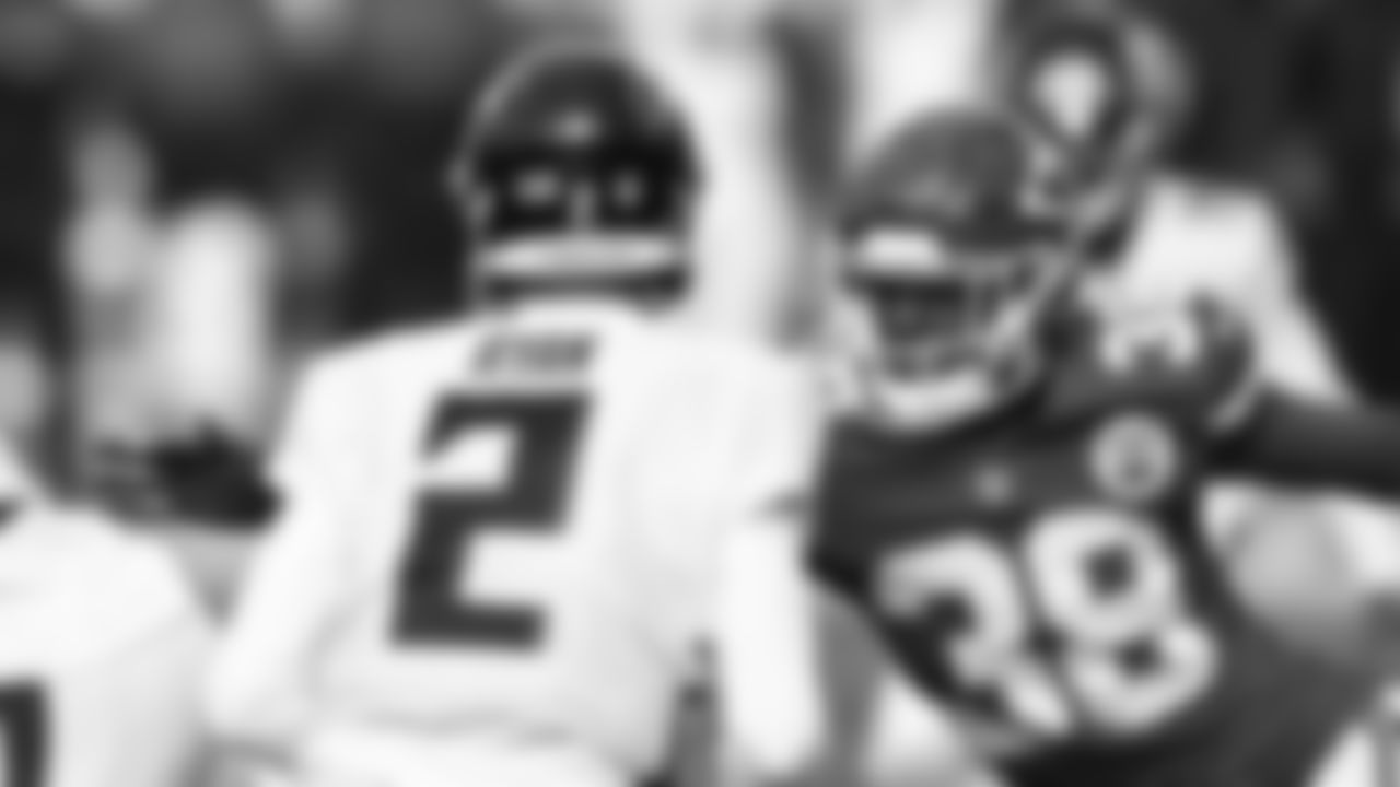 Kansas City Chiefs Cornerback L'Jarius Sneed (38) pressures the Quarterback for a sack during an NFL Football game against the Atlanta Falcons, Sunday December 27, 2020 in Kansas City.