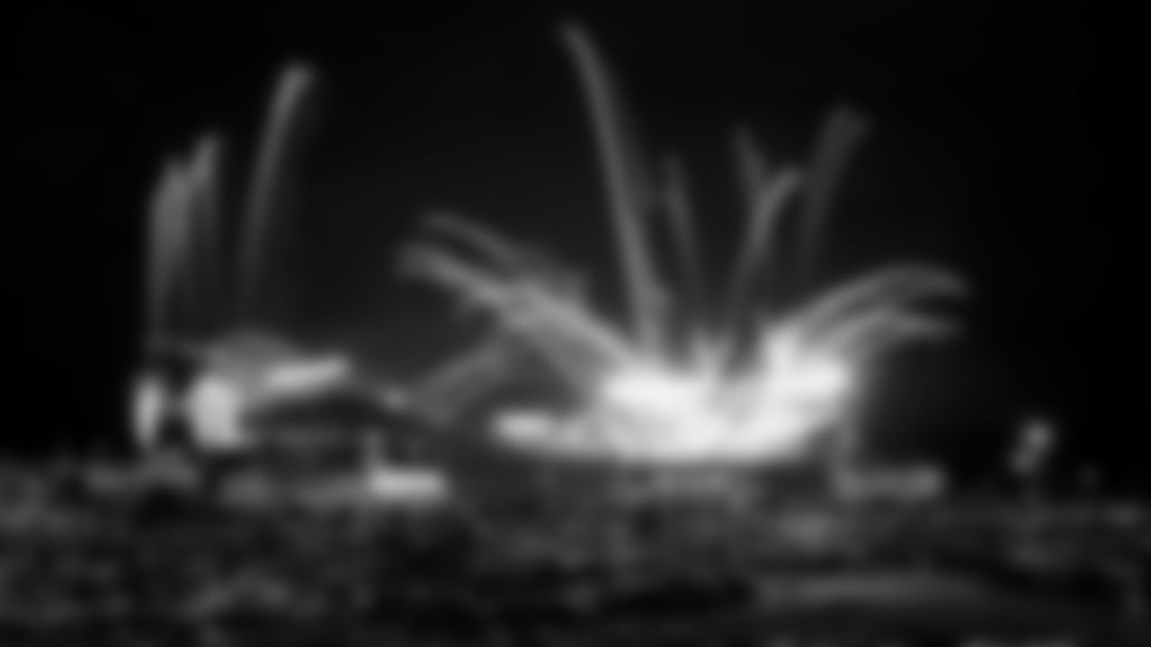 A view of the fireworks from outside of the stadium during an NFL football game against the Buffalo Bills, Sunday, October 10, 2021 in Kansas City.