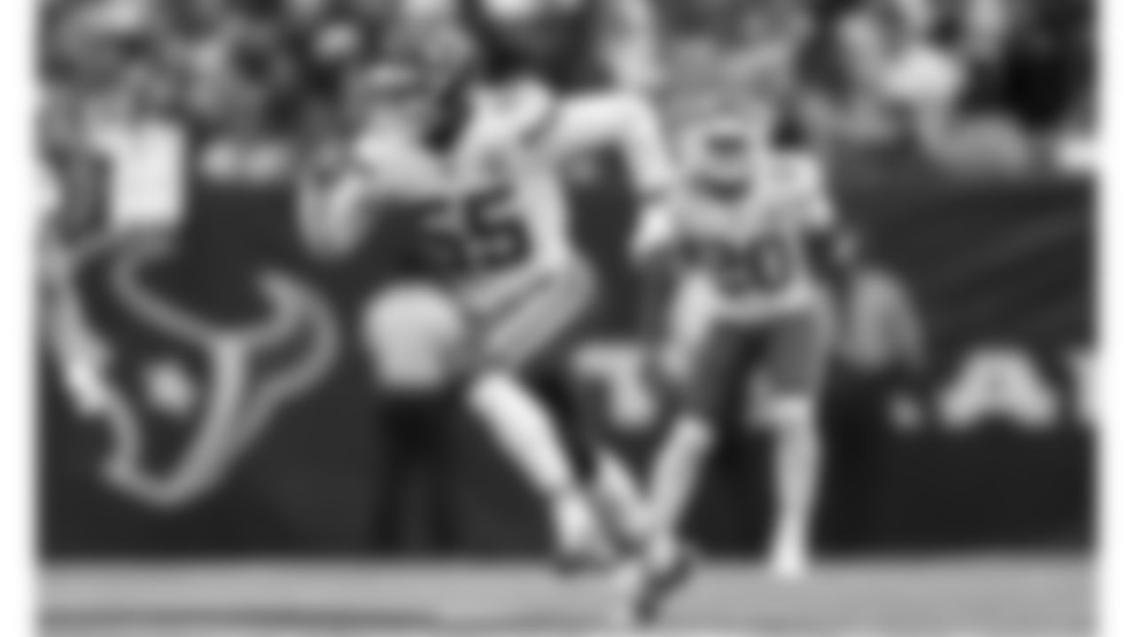 Kansas City Chiefs defensive end Frank Clark (55) runs around the edge during an NFL football game against the Houston Texans, Sunday, Dec. 18, 2022, in Houston.