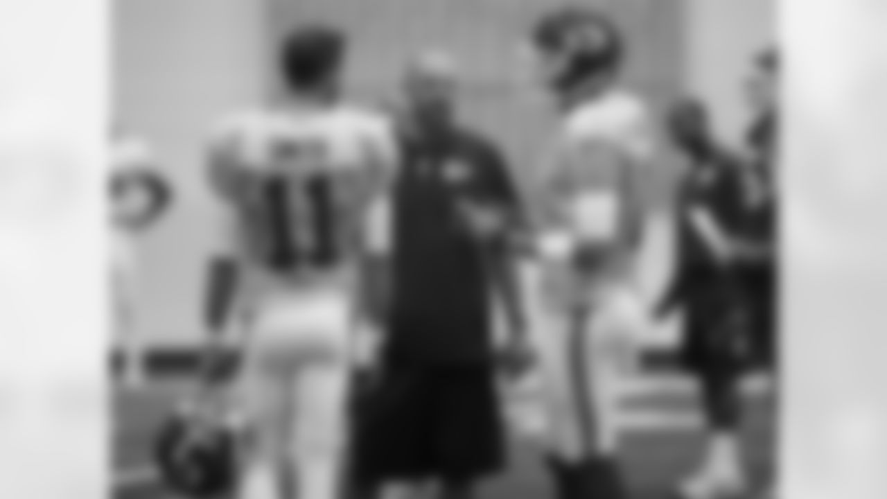 Kansas City Chiefs co-offensive coordinator Matt Nagy talk with quarterbacks Alex Smith (11) and Nick Foles (1) at practice on the sixth day of training camp on Mosaic Life Care Field at the campus of Missouri Western State University on Friday, August 5, 2016.