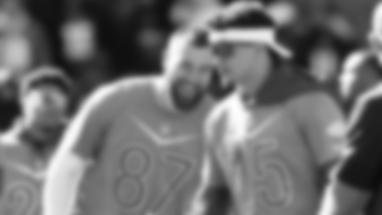 Kansas City Chiefs quarterback Patrick Mahomes (15) and Travis Kelce (87) during the 2022 NFL Pro Bowl practice on Saturday February 5, 2022